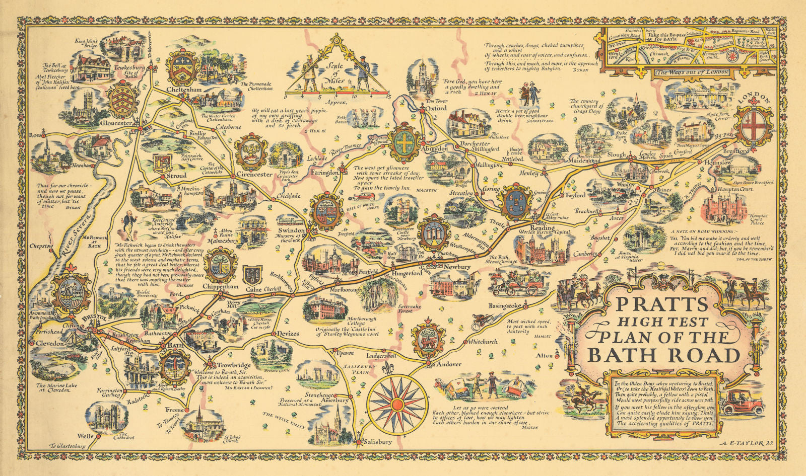 Pratts High Test Plan of the Bath Road. Pictorial map by Alfred Taylor 1930